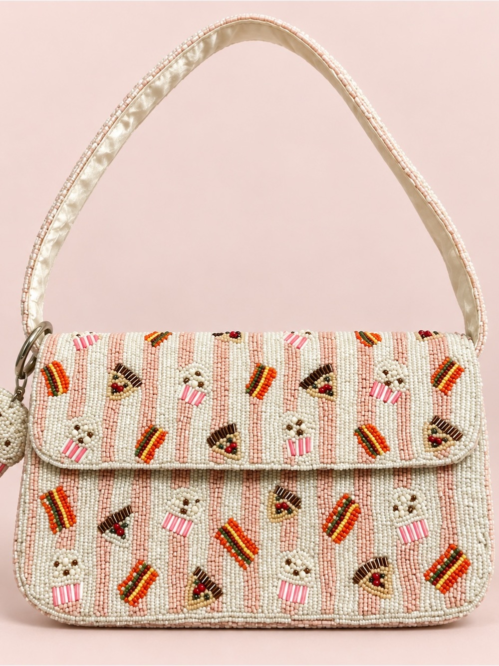 Beaded Dessert Motif Shoulder Bag Pink White Novelty Purse Popcorn Charm